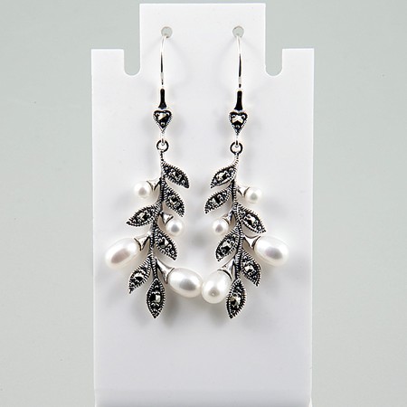 Long Vintage Freshwater Pearl and Marcasite Leaf Dangle Earrings - Click Image to Close